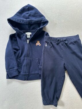 Ralph Lauren Baby Polo Bear Flag Sweater Zip Hoodie Joggers Set 18M Navy